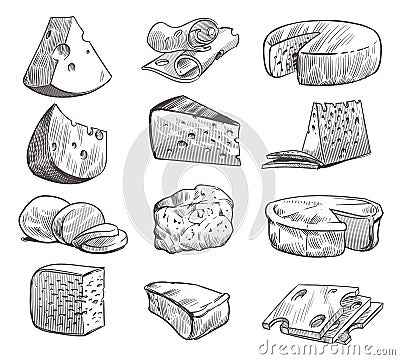 Sketch cheese. Various types of cheeses. Fresh cheddar, feta and parmesan dairy snack. Hand drawn retro vector isolated Vector Illustration