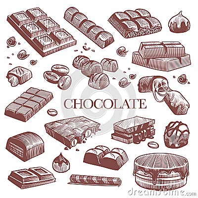 Sketch chocolate. Engraving black chocolate bars, truffle sweets and coffee beans. Vintage hand drawn isolated vector Vector Illustration