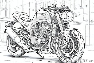 Sketch of chopper motorbike on the background of the city Cartoon Illustration