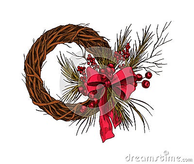 Sketch of Christmas wreath, isolated vector icon. Stock Photo