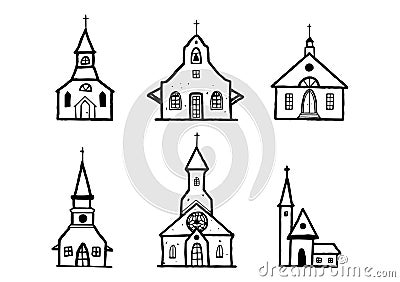 Sketch Church doodle buildings set . Hand drawn illustration, christian sign, catholic religion object Vector Illustration