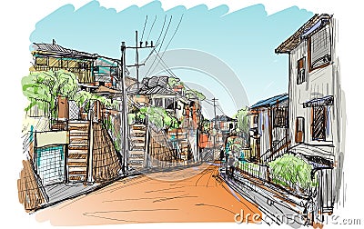 Sketch city scape of local village in Yokohama Japan, free hand Vector Illustration