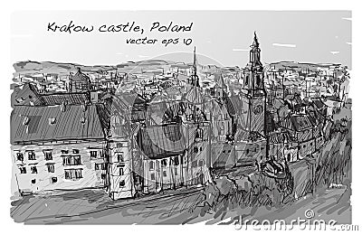 Sketch city scape Poland Krakow castle towers, free hand draw Vector Illustration