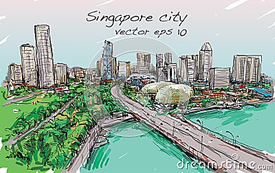 Sketch city scape of Singapore skyline, free hand draw Vector Illustration