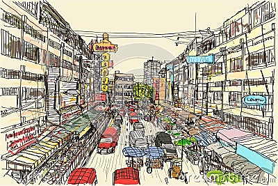 Sketch city scape Thai local market place in Chiangmai, free Vector Illustration
