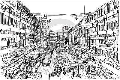 Sketch city scape Thai local market place in Chiangmai, free Vector Illustration