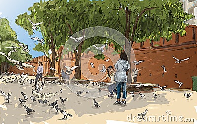 Sketch cityscape of Chiangmai, Thailand, show gate Tha Phae and Vector Illustration