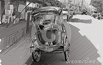 Sketch cityscape of Chiangmai, Thailand, show local tricycle and Vector Illustration