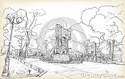 Sketch of cityscape Hanoi public space at Vuon hoa Hang Dau park Vector Illustration