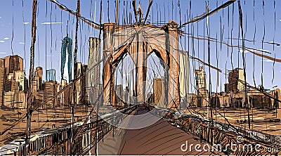 Sketch of cityscape in New York show Brooklyn Bridge Vector Illustration