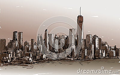 Sketch of cityscape in New York show Manhattan midtown with skyscrapers, illustration vector Vector Illustration