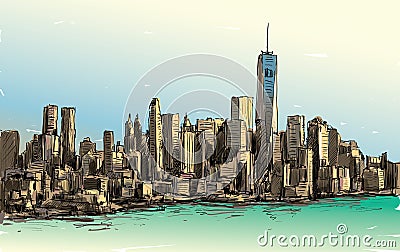 Sketch of cityscape in New York show Manhattan midtown with skyscrapers, illustration vector Vector Illustration