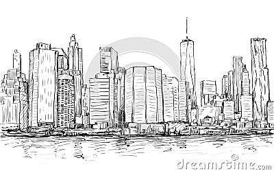 Sketch of cityscape in New York show Manhattan midtown with skyscrapers, illustration vector Vector Illustration