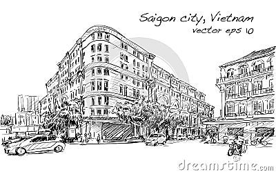 Sketch cityscape of Saigon city Ho Chi Minh show Union Square Vector Illustration