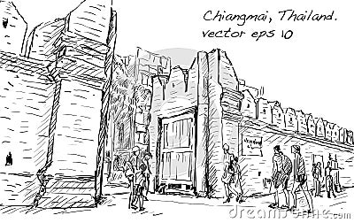 sketch of cityscape show aisa heritage Tha Phae gaet in Chiangmai Thailand, illustration vector Vector Illustration