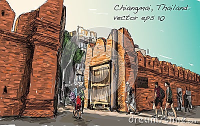 sketch of cityscape show aisa heritage Tha Phae gaet in Chiangmai Thailand, illustration vector Vector Illustration