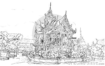 Sketch of cityscape show asia style temple space in Thailand, il Vector Illustration