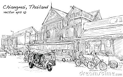sketch of cityscape show asia style trafic on street and building in Thailand, illustration vector Vector Illustration