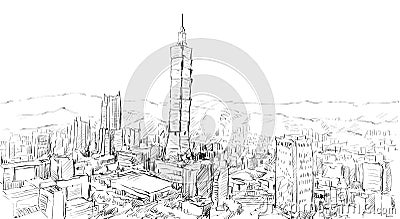Sketch of cityscape show townscape in Taiwan, Taipei building Vector Illustration