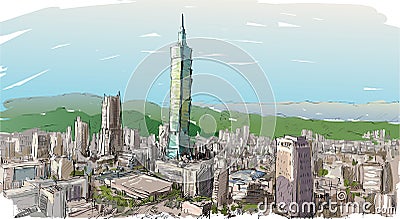 Sketch of cityscape show townscape in Taiwan, Taipei building Vector Illustration