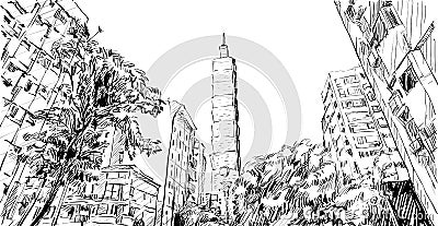 Sketch of cityscape show urban street view in Taiwan, Taipei Vector Illustration