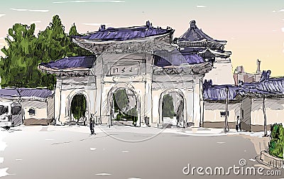 Sketch of cityscape in Taiwan Taipei show old temple door Vector Illustration