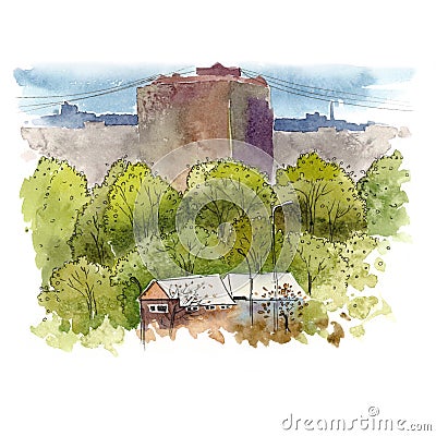 Sketching the urban landscape with watercolor. Stock Photo