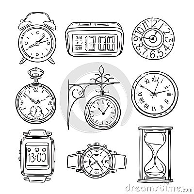 Sketch clock. Doodle watch, alarm and timer, sand clock hourglass. Hand drawn time vector vintage isolated icons Vector Illustration