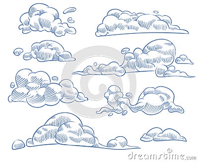Sketch clouds. Curled cloudy sky drawing texture, nature weather outline symbols. Engraving handmade craft in vintage Vector Illustration