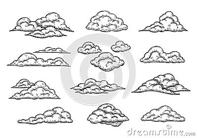 Sketch clouds. Hand drawn pencil cloudy sky, retro cloud shape engraving and overcast weather elements isolated vector Vector Illustration