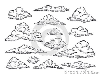 Sketch clouds. Hand drawn sky cloudscape. Outline sketching cloud vintage vector collection Vector Illustration