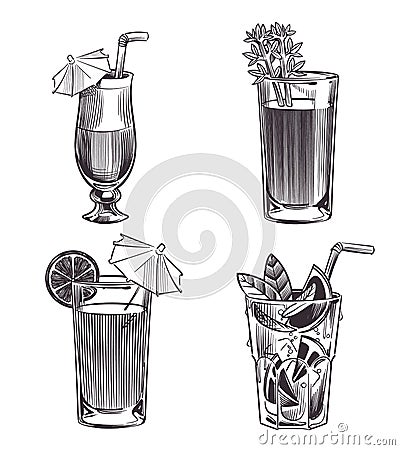 Sketch cocktails. Hand drawn alcohol drinks. Cold beverages set. Black and white glasses with straws or decorative Vector Illustration