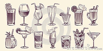 Sketch cocktails. Hand drawn different cocktail, alcohol drink in glass for party restaurant menu, cold mojito, tropical Vector Illustration