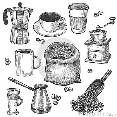 Sketch coffee. Coffee mill, kettle, sack with roasted beans, cezve. Latte and espresso cup hand drawn engraved vintage Vector Illustration