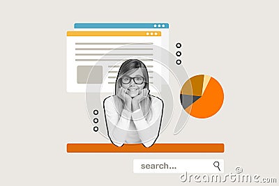 Sketch collage artwork of smiling happy girl sitting showing diagram searching system isolated on painted background Stock Photo