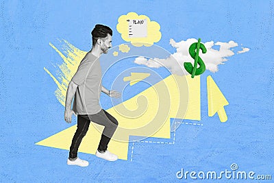 Sketch collage retro pop poster of successful man climb up career ladder increase improve profit isolated on drawing Stock Photo