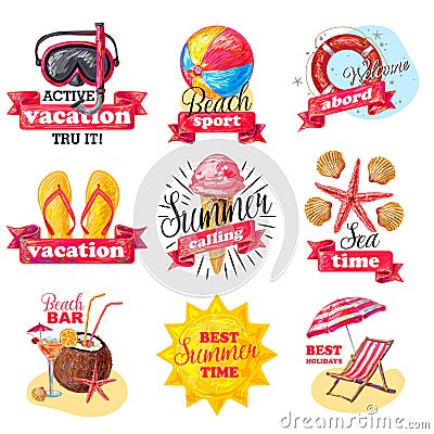 Sketch Colored Summer Vacation Labels Set Vector Illustration