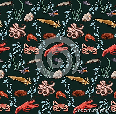 Sketch Colorful Marine Animals Seamless Pattern Vector Illustration