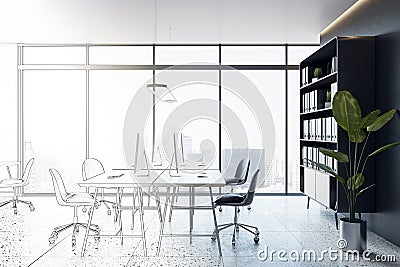 Sketch of contemporary glass office interior with concrete flooring, furniture, window with city view and other objects. Design Stock Photo
