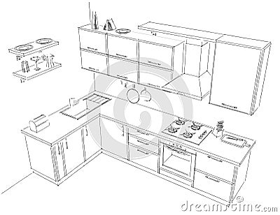 Sketch contour drawing of 3d contemporary corner kitchen interior black and white Cartoon Illustration