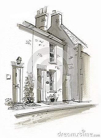 Sketch of Cottage in Burhham Market, Norfolk, UK Stock Photo
