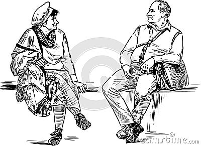 Sketch of couple elderly spouses sitting on park bench and looking at each other Vector Illustration