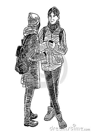 Sketch of couple students standing and talking outdoors Vector Illustration