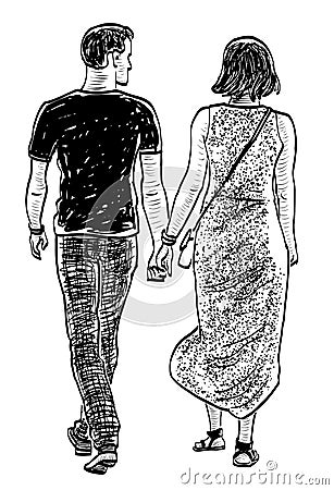 Sketch of couple young citizens walking on a stroll Vector Illustration