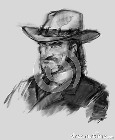 Sketch of a cowboy, American sheriff. Raster illustration. Character of a man in a hat. Digital painting. Character for the cover Cartoon Illustration