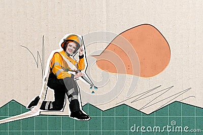 Sketch creative collage of professional girl firewoman extinguishing fire with water isolated on drawing background Stock Photo