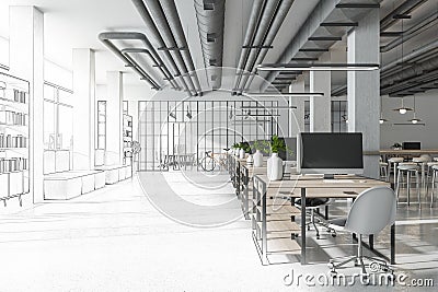 Sketch of creative coworking office interior with bright city view and concrete flooring. Design, repairs, refurbishment and Stock Photo