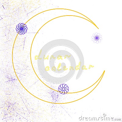 Sketch. Crescent with purple flowers and the inscription: Lunar calendar. Digital illustration. Cartoon Illustration