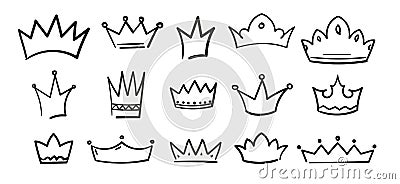 Sketch crown. Hand drawn king queen tiara. Doodle royal diadem symbol set. Vintage heraldic simple logo Vector Illustration