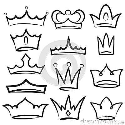 Sketch crown. Simple graffiti crowning, elegant queen or king crowns hand drawn. Royal imperial coronation symbols, monarch Vector Illustration